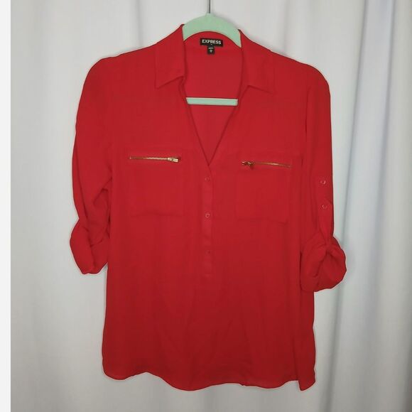 Express Roll Tab Sleeve Blouse Collar Lightweight Chest Pockets Red Womens Med - Picture 2 of 7